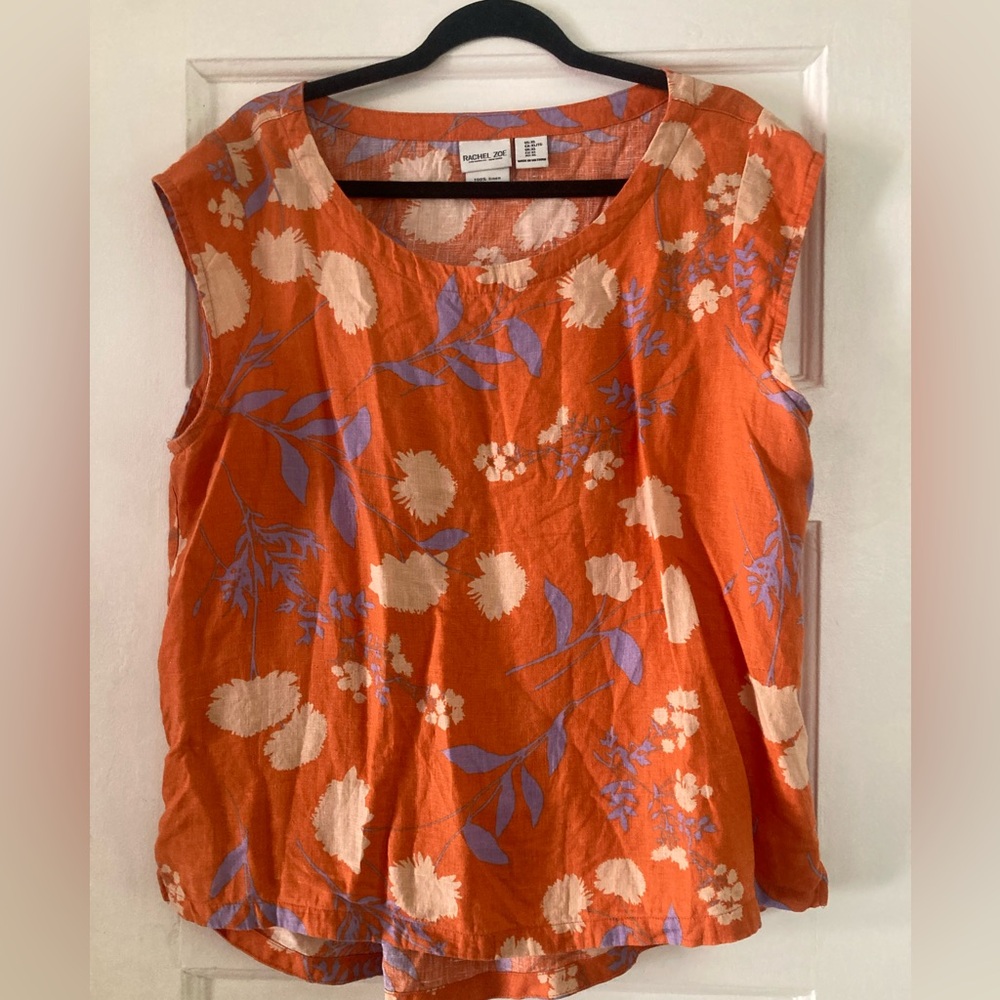 Rachel Zoe Orange and Purple Floral Top, 100% linen